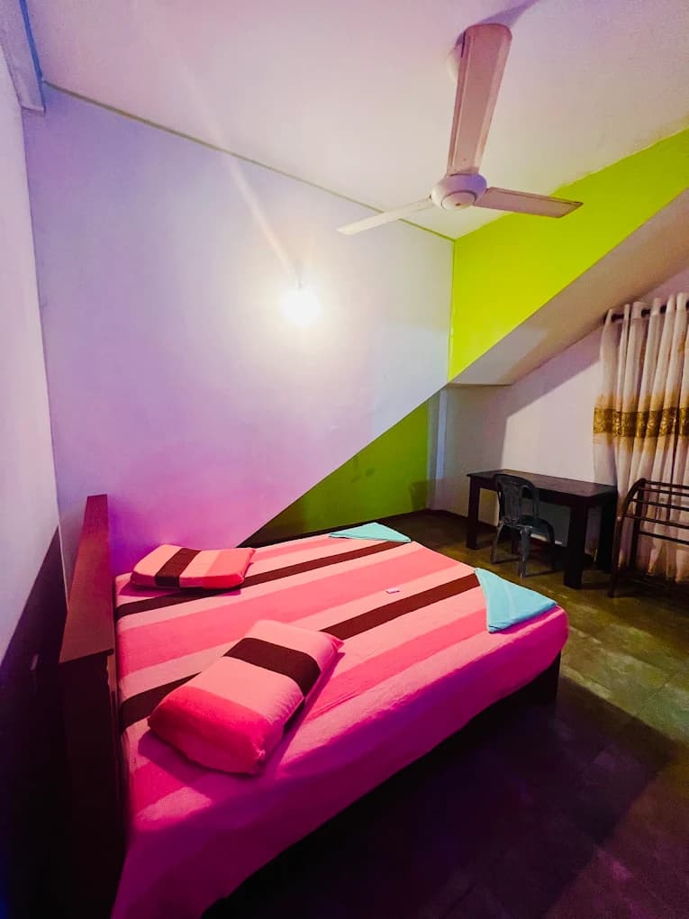 Guest room with a double bed and ceiling fan